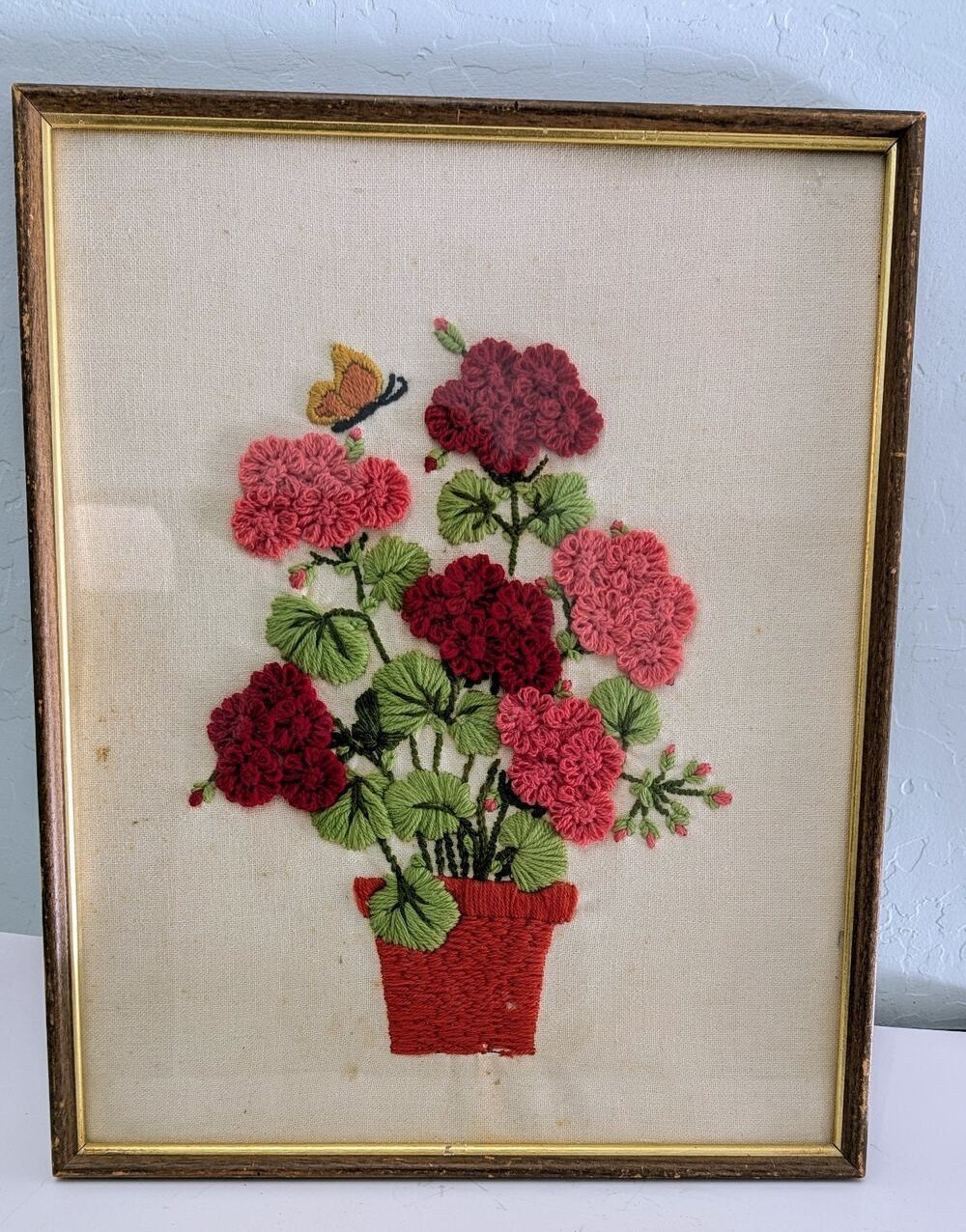 Crewel Needlepoint Geraniums Floral 1971 Studio 12 Red And Pink Butterfly Frame
